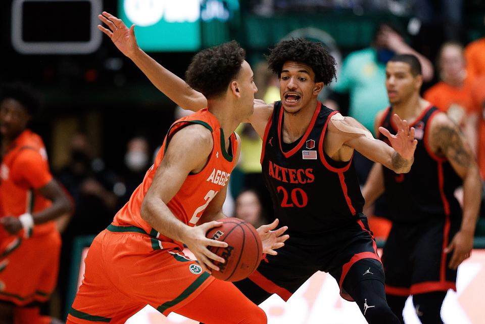 Colorado State guard Isaiah Rivera (23) controls the ball as San Diego State guard Chad Baker-Mazara (20) guards in the first half at Moby Arena on Friday, Feb. 4, 2022.