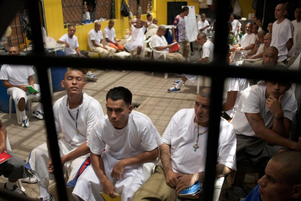 <span class="caption">No chance of social distancing in El Salvador’s prisons.</span> <span class="attribution"><a class="link " href="https://www.gettyimages.com/detail/news-photo/members-of-the-ms-13-gang-remain-in-chalatenango-prison-84-news-photo/1137660936?adppopup=true" rel="nofollow noopener" target="_blank" data-ylk="slk:Marvin Recinos/AFP via Getty Images;elm:context_link;itc:0;sec:content-canvas">Marvin Recinos/AFP via Getty Images</a></span>