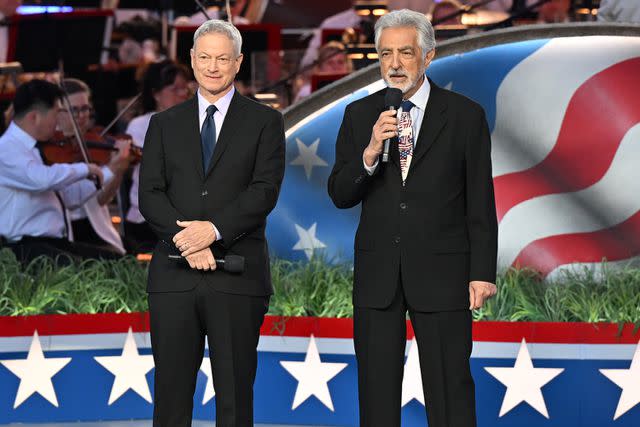 <p>Shutterstock</p> Gary Sinise and Joe Mantegna at the 2023 National Memorial Day Concert