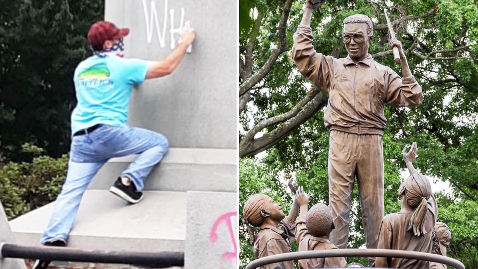 A man, pictured here apparently vandalising Arthur Ashe's statue.