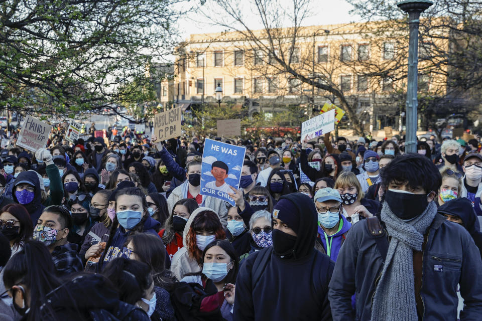 A rally in Chicago's Logan Square neighborhood over the shooting death of 13-year-old Adam Toledo on April 16, 2021.  / Credit: Kamil Krzaczynski / Getty