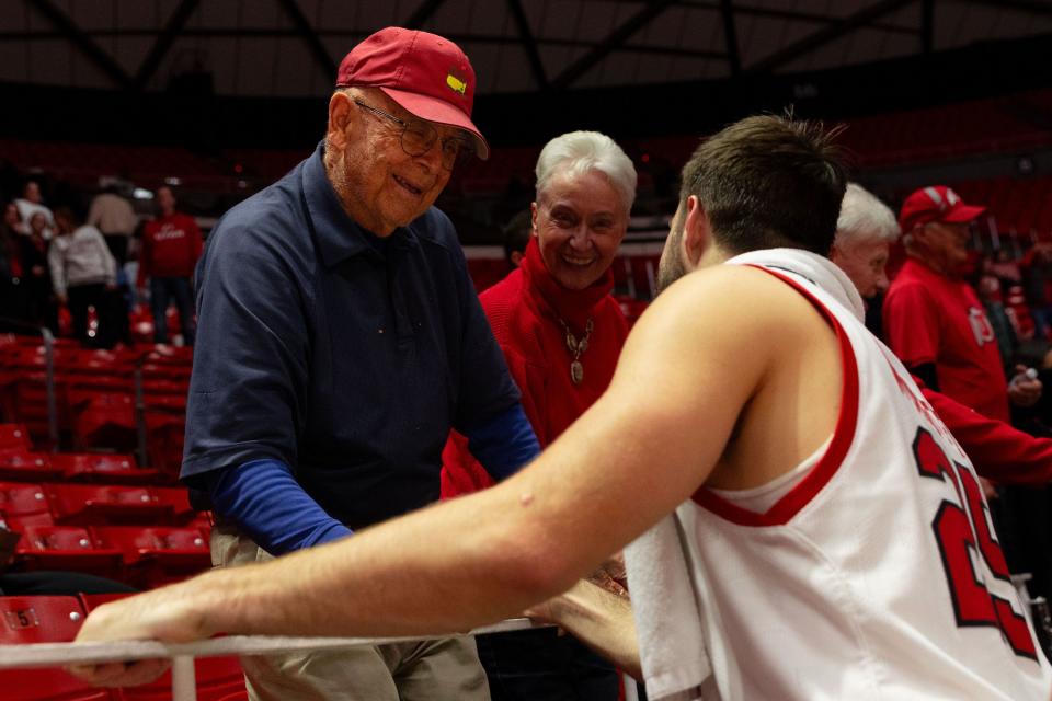 Utah Utes guard Rollie Worster (25) talks to fans after their win in the men’s college basketball game between the University of Utah and Bellarmine University at the Jon M. Huntsman Center in Salt Lake City on Wednesday, Dec. 20, 2023. | Megan Nielsen, Deseret News