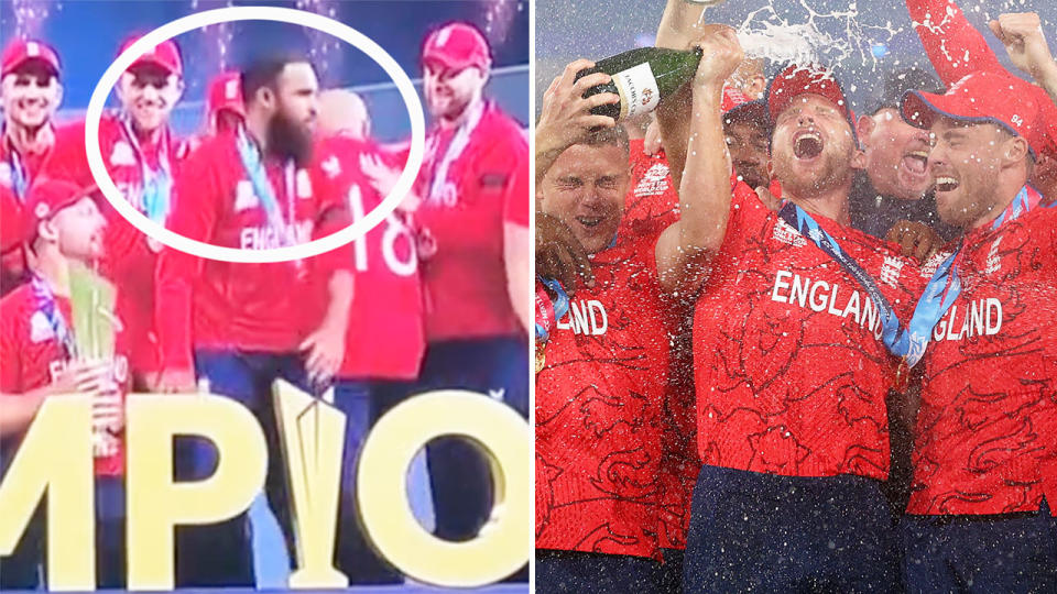 England's champagne celebrations after winning the T20 World Cup final have sparked debate across the cricket world. Pic: Sky Sports/Getty