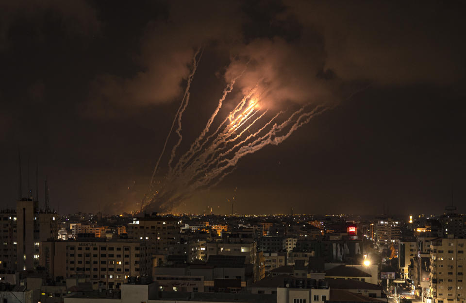 Rockets fired by Palestinian militants toward Israel, in Gaza City, Saturday, Aug. 6, 2022. The latest confrontation between Israel and Gaza militants is in its second day, as Israeli jets hit targets in Gaza and rocket fire persists into southern Israel. Palestinian officials say at least 15 people have been killed in Gaza, including a senior militant leader and a 5-year-old girl. (AP Photo/Fatima Shbair)