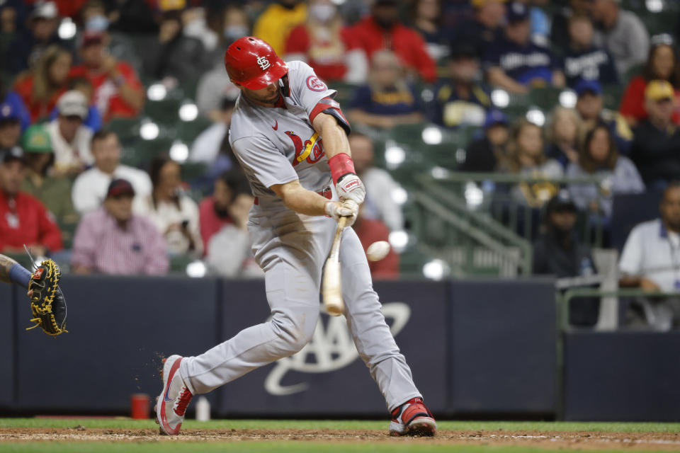 St. Louis Cardinals first baseman Paul Goldschmidt hits a two-run home run against the Milwaukee Brewers during the eighth inning of a baseball game Wednesday, Sept. 22, 2021, in Milwaukee. (AP Photo/Jeffrey Phelps)