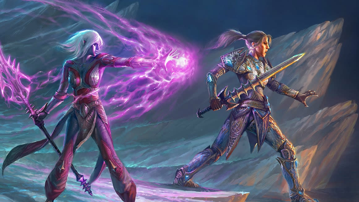 EverQuest 2 art featuring two armored characters on an icy landscape. . 