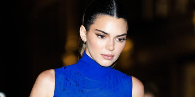 Kendall Jenner Wears See-Through Blue Gown With Feathered Skirt in NYC