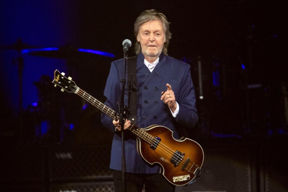 Paul McCartney greets the audience on May 31 during the Got Back tour stop at Thompson-Boling Arena in Knoxville, Tenn.