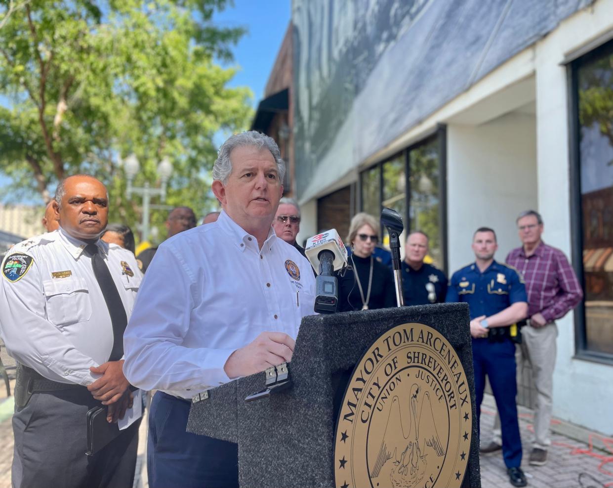 Shreveport Mayor Tom Arceneaux speaks at a press conference following a violent night in Shreveport on March 25, 2023.