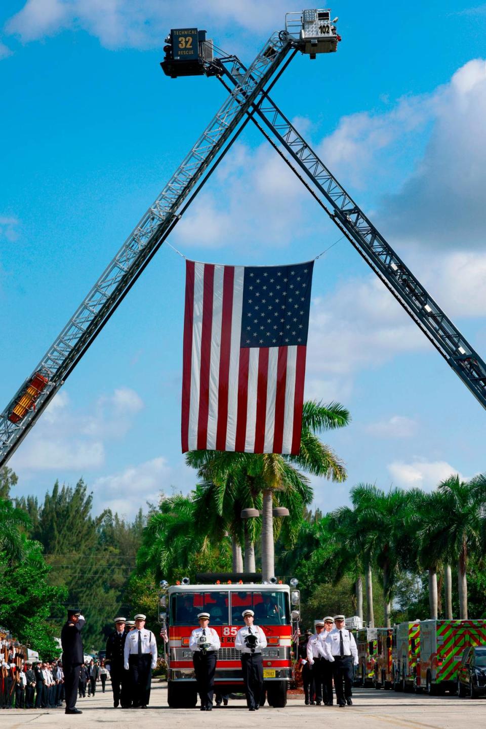 The funeral procession for Broward Sheriff Fire Rescue Battalion Chief Terryson Jackson arrives at the Faith Center in Sunrise on Friday, September 8, 2023. Jackson died in a helicopter crash on Monday, Aug. 28, when he and two BSFR colleagues were responding to an emergency call. (Mike Stocker/South Florida Sun Sentinel)