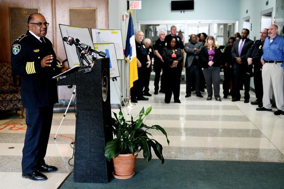 Shreveport Police Chief Wayne Smith speaks during the press conference in collaboration with the Caddo Parish District Attorney's Office to highlight the concerted efforts to combat crime Wednesday, February 7, 2024 at the Shreveport Police Station.
