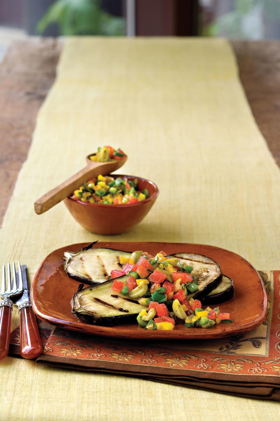 Grilled Eggplant with Sweet Pepper-Tomato Topping