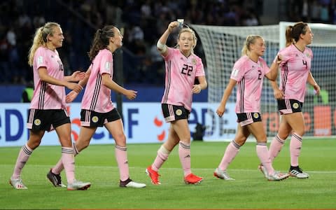 Erin Cuthbert of Scotland celebrates with teammates after scoring her team's third goal during the 2019 FIFA Women's World Cup France group D match between Scotland and Argentina at Parc des Princes  - Credit: FIFA