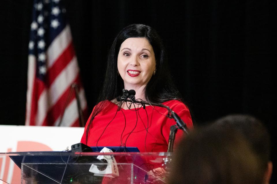 Democratic candidate for state schools superintendent Jena Nelson gives her concession speech at her watch party on Tuesday, Nov. 8, 2022, in Oklahoma City.