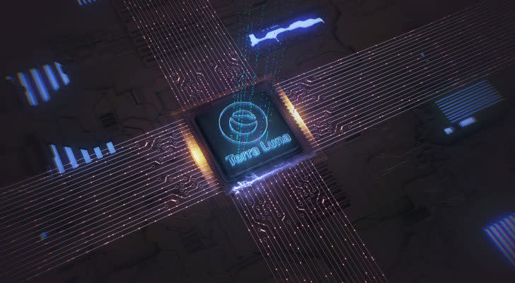 A digital rendering of the Terra (LUNA-USD) crypto on top of a circuit board.