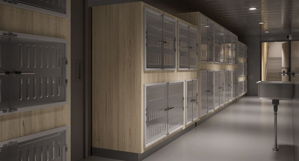 The proposed new pet kennels on Spirit of Australia's new ships appear spacious with wood and grey colouring. 