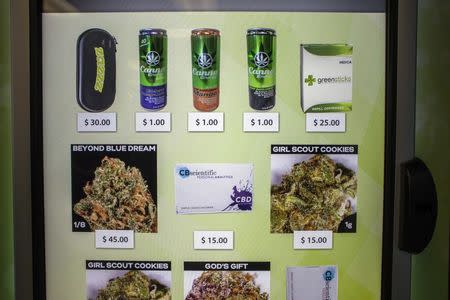 A view of the screen of a ZaZZZ vending machine that contains cannabis flower, hemp-oil energy drinks, and other merchandise at Seattle Caregivers, a medical marijuana dispensary, in Seattle, Washington February 3, 2015. REUTERS/David Ryder