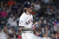 Houston Astros closing pitcher Josh Hader reacts after striking out Los Angeles Angels' Jo Adell to end the top of the 10th inning of a baseball game Tuesday, May 21, 2024, in Houston. (AP Photo/Michael Wyke)