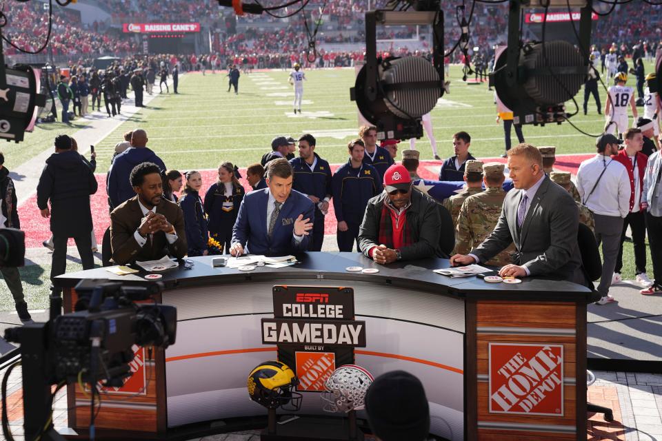 Nov 26, 2022; Columbus, Ohio, USA; ESPN College GameDay broadcasts with Archie Griffin prior to the NCAA football game between the Ohio State Buckeyes and the Michigan Wolverines at Ohio Stadium. Mandatory Credit: Adam Cairns-The Columbus Dispatch