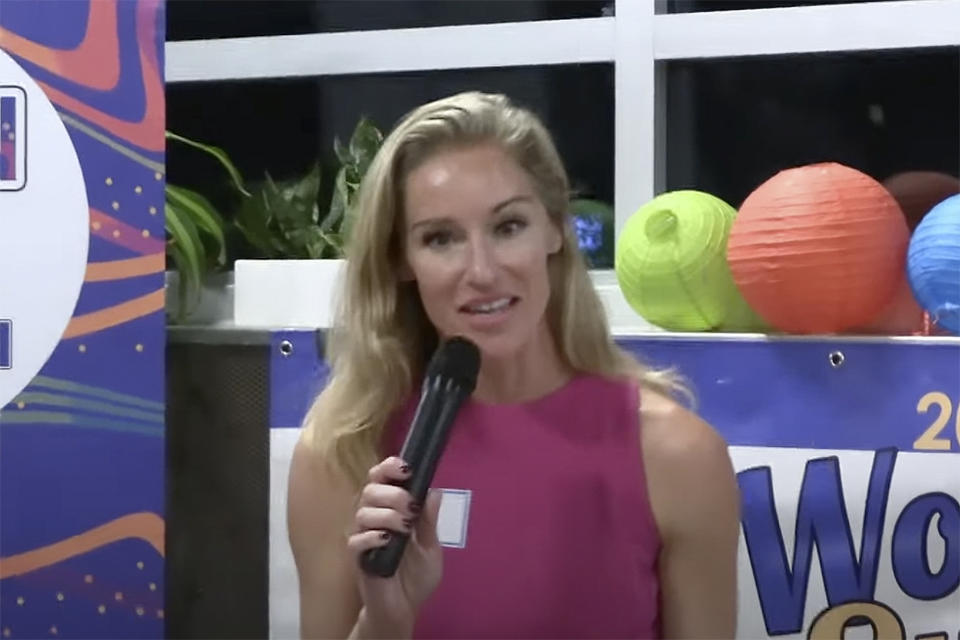 FILE - In this image taken from a video, Virginia legislative candidate Susanna Gibson addresses the Women's Summit in Virginia Beach, Va., in September 2022. Gibson is running against Republican businessman David Owen in one of Virginia's most competitive districts after all 100 seats in the House of Delegates were redrawn to conform with the 2020 Census. Many political scientists wrote off Gibson's chances after The Washington Post reported in September 2023 about her participation in livestreamed sex, which included soliciting payments from viewers in exchange for specific acts. (Neil Smith via AP, File)