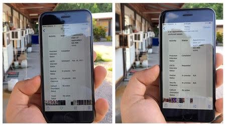 A combination handout photo shows an asylum seeker's phone displaying a screenshot (L) dated January 22 which shows a scheduled interview date as part of his progress for upcoming appointments in the U.S. resettlement assessment process, and a screenshot (R) which does not show an interview date, from inside the Australian-run detention centre on the Pacific island nation of Nauru, February 3, 2017. Handout via REUTERS