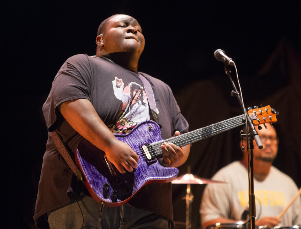 FILE - Christone "Kingfish" Ingram performs at TD Pavilion at the Mann on Sept. 4, 2019, in Philadelphia. Ingram and Shemekia Copeland were among the top winners at the Blues Music Awards held in Memphis, Tennessee on Sunday. Ingram, who won five times last year, took home the contemporary blues male artist and guitar instrumentalist awards. (Photo by Owen Sweeney/Invision/AP, File)