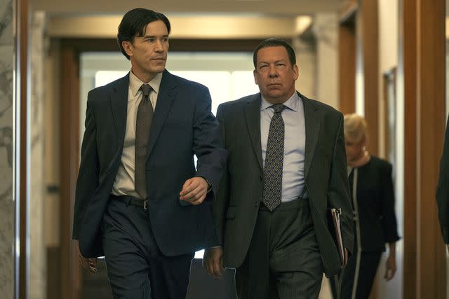 <p>Mark Hill/Netflix </p> Tom Pelphrey and Bill Camp in 'A Man in Full'