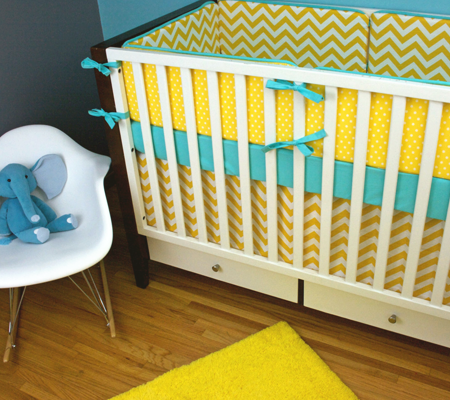 Modern Chevron Crib Bedding Set in Turquoise and Yellow