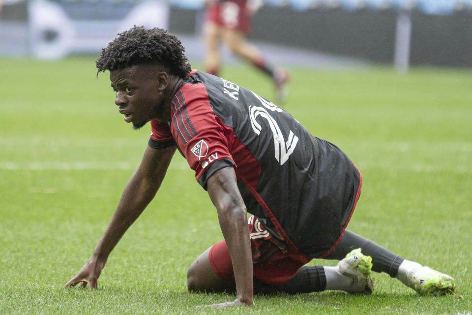 Toronto FC's Deandre Kerr reacts during an MLS soccer match against New York City FC at Red Bull Arena, Sunday, Sept. 24, 2023, in Harrison, N.J. (AP Photo/Andres Kudacki)