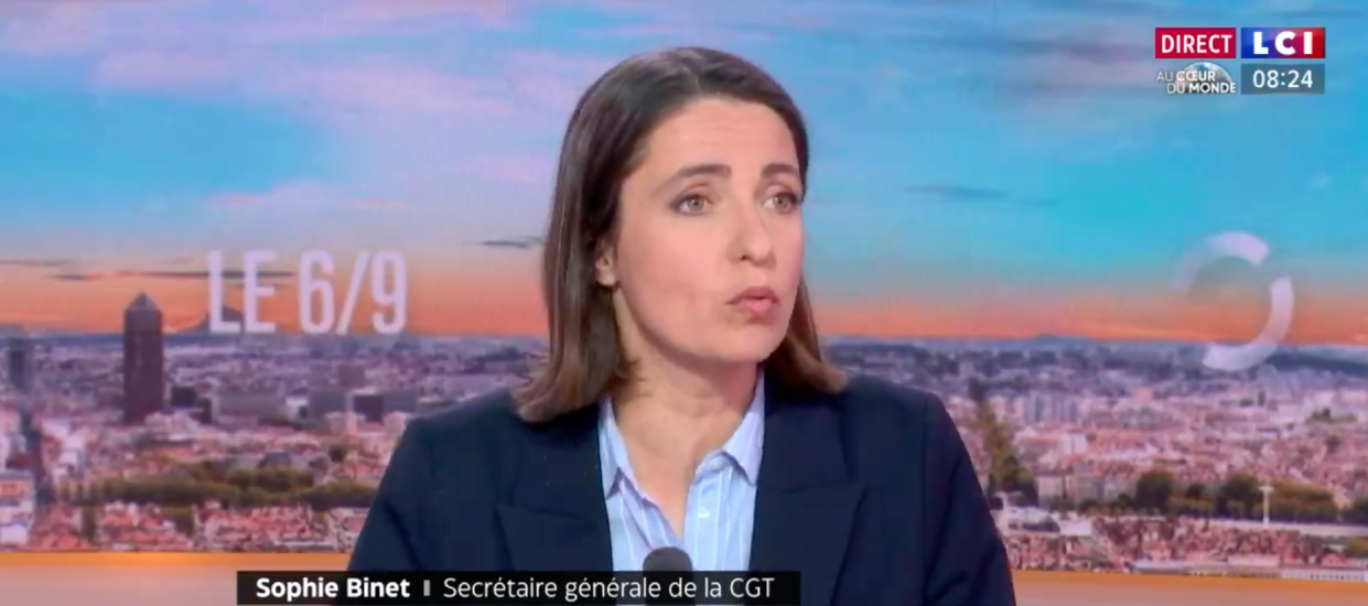 Sophie Binet, secrétaire générale de la CGT sur LCI le 25 avril 2024. 