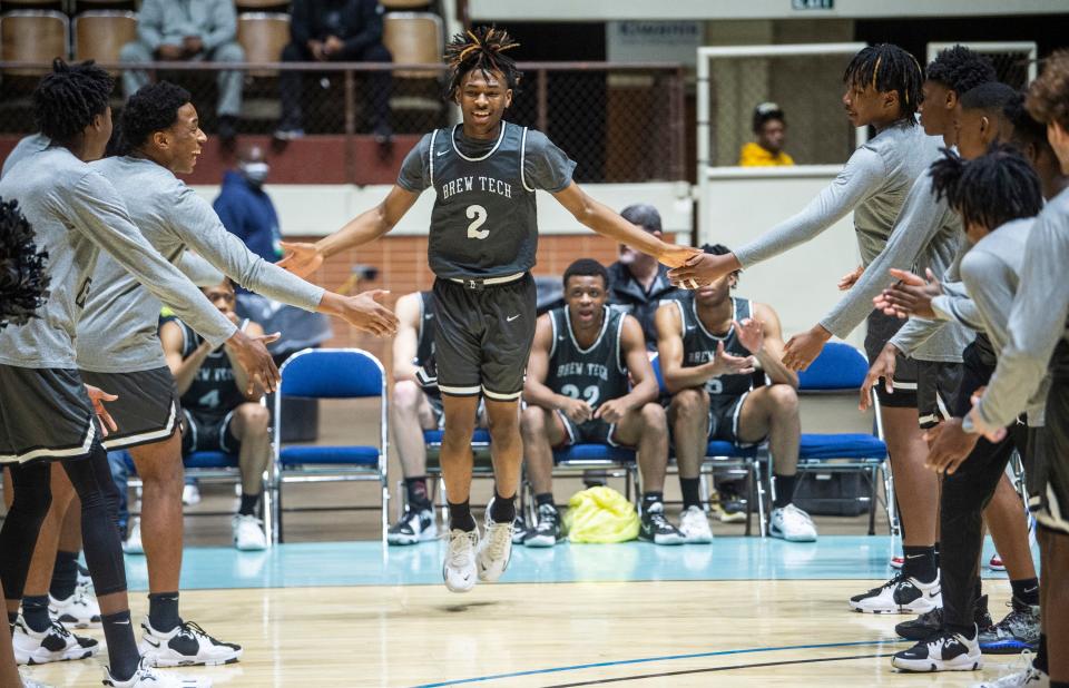 Brew Tech's Trevon Griffin (2) is introduced as Brewbaker Tech takes on Carroll during the class 5A regional semi-final at Garrett Coliseum in Montgomery, Ala., on Friday, Feb. 18, 2022.