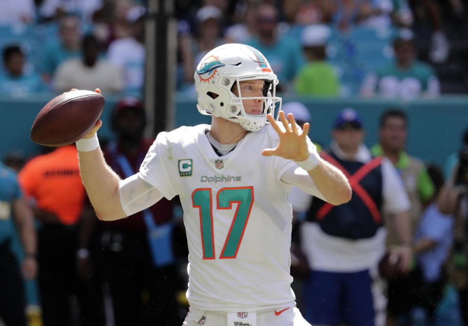 Miami Dolphins quarterback Ryan Tannehill prepares to pass during the first half of an NFL football game against the Oakland Raiders, Sunday, Sept. 23, 2018, in Miami Gardens, Fla. (AP Photo/Lynne Sladky)