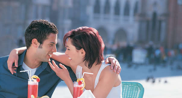 Couple seated at Grand Cafe, St Mark's Square, Venice, ItalyCity, Vacations, Travel Destinations, Horizontal, Waist Up, Outdoo