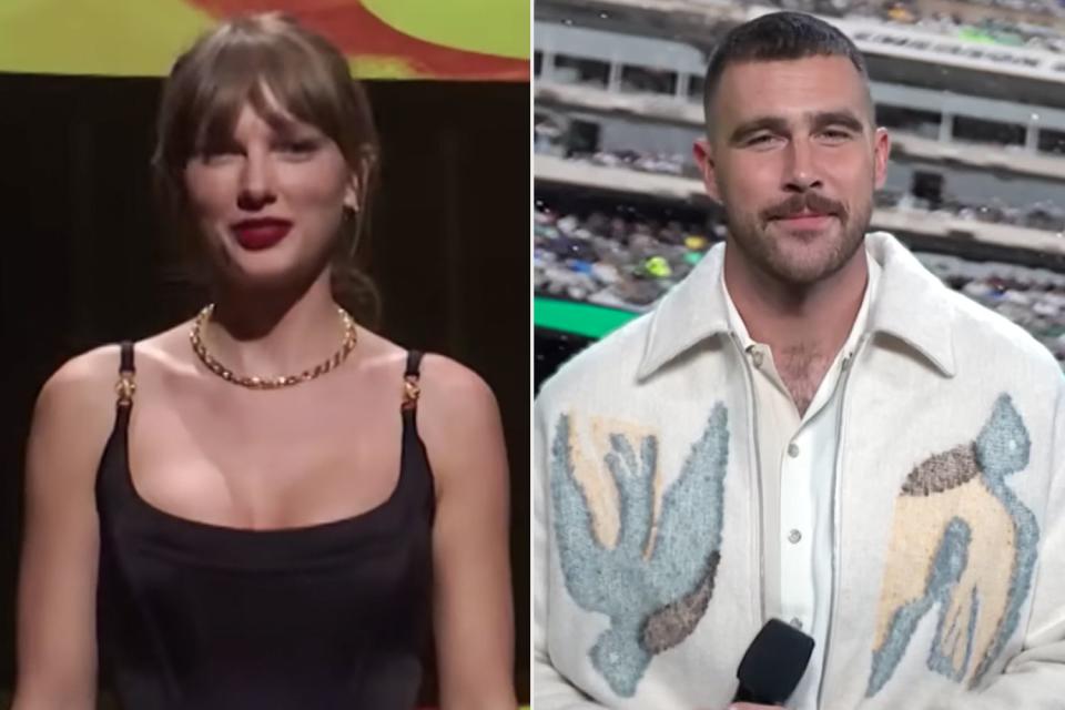 <p>Saturday Night Live/ NBC</p> Taylor Swift and Travis Kelce on 