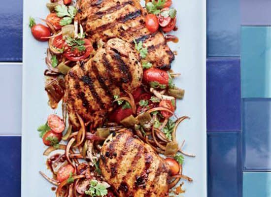 Pair this dish of grilled chicken with a green chile and tomato salad. The salad starts with grilling the peppers, like mild Italian fryers, so the skin is easy to remove.    <strong>Get the Recipe for <a href="http://www.huffingtonpost.com/2011/10/27/harissa-chicken-with-gree_n_1058484.html" target="_hplink">Harissa Chicken with Green Chile and Tomato Salad</a></strong>        