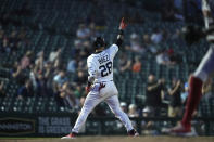 Detroit Tigers' Javier Baez acknowledges the fans after his solo home run during the ninth inning of a baseball game against the Arizona Diamondbacks, Friday, June 9, 2023, in Detroit. (AP Photo/Carlos Osorio)