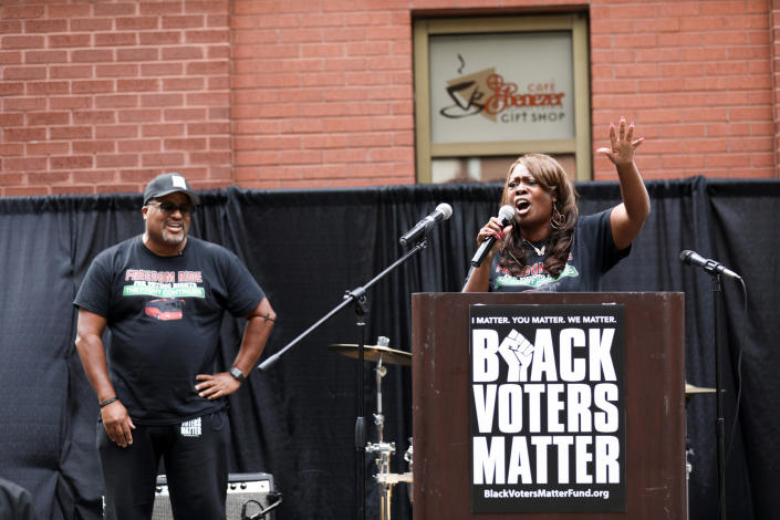 Image: People gather at Ebenezer Baptist Church during a stop on the Freedom Ride For Voting Rights in Atlanta (Dustin Chambers / Reuters)