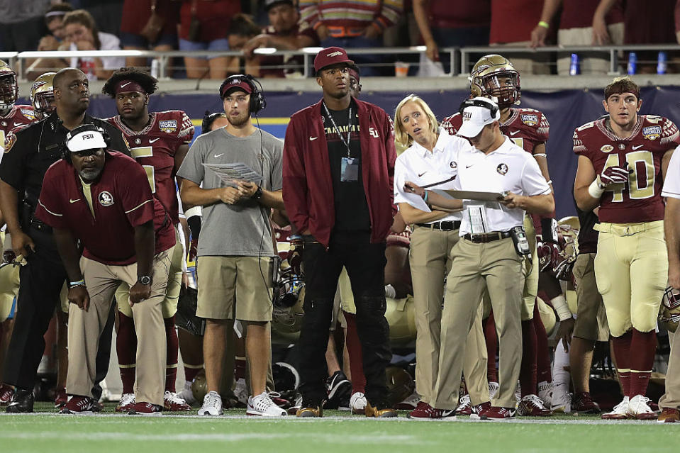 ORLANDO, FL - SEPTEMBER 05: Tampa Bay Buccaneers quarterback Jameis Winston (C) looks on from the sideline during the Camping World Kickoff between the Florida State Seminoles and the Mississippi Rebels at Camping World Stadium on September 5, 2016 in Orlando, Florida. (Photo by Streeter Lecka/Getty Images)