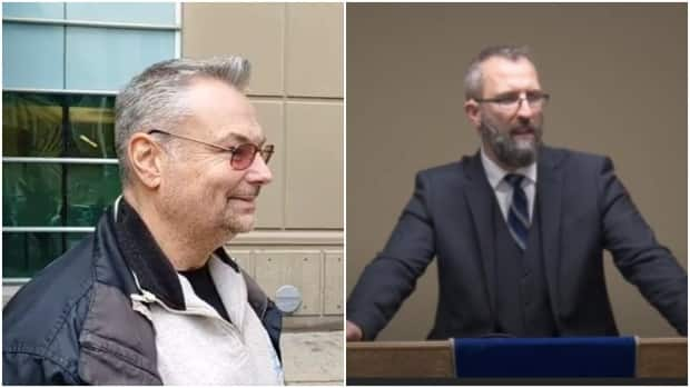 A composite photo shows Calgary mayoral candidate Kevin J. Johnston, left, and Fairview Baptist Church pastor Tim Stephens. The two were released Monday after their weekend arrests for attending large gatherings, allegedly in breach of a judge's order that COVID-19 public health restrictions be obeyed.  (Kevin J Johnston/Facebook, Fairview Baptist Church/YouTube - image credit)