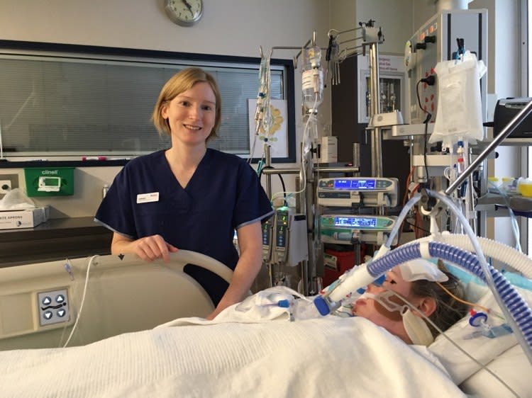 Nicole is pictured in hospital with ICU nurse Carmel, who looked after her. 