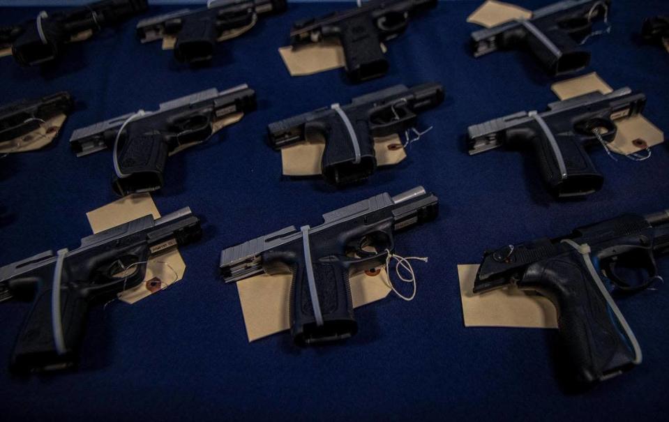 Several semiautomatic weapons were on display Wednesday in Miami, where federal agents announced a crackdown on smuggling weapons to Haiti.
