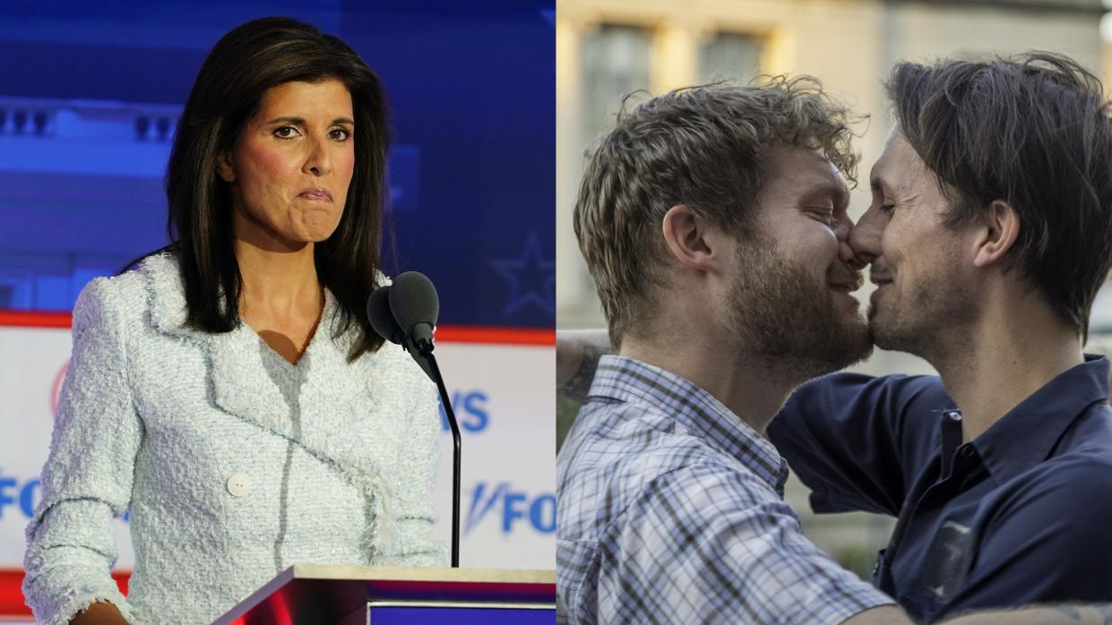 (R) Nikki Haley and (L) two men kissing