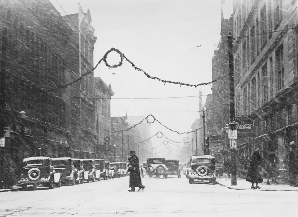 Dick Greene’s photo of Walnut Street looking south from Main, taken Christmas Eve, 1935.