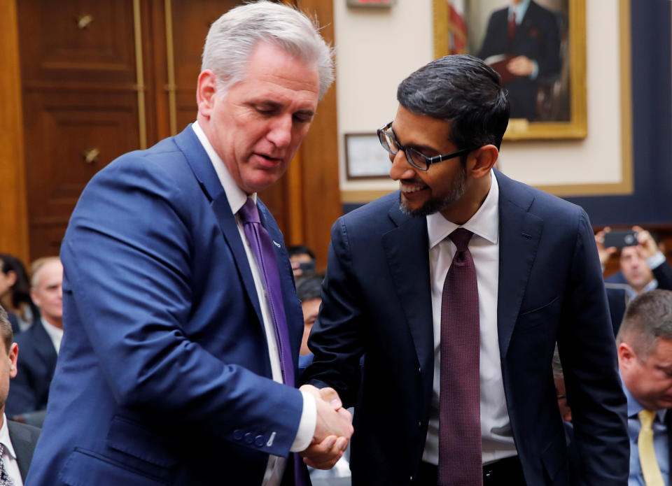 Google CEO Sundar Pichai is greeted by House Majority Leader Kevin McCarthy (R-CA) as Pichai arrives to testify at a House Judiciary Committee hearing “examining Google and its Data Collection, Use and Filtering Practices” on Capitol Hill in Washington, U.S., December 11, 2018. REUTERS/Jim Young