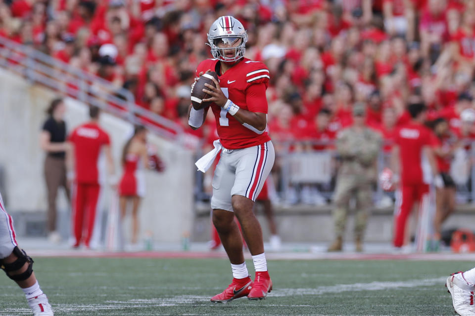 Ohio State quarterback C.J. Stroud looks to throw a pass against Tulsa during the first half of an NCAA college football game Saturday, Sept. 18, 2021, in Columbus, Ohio. (AP Photo/Jay LaPrete)