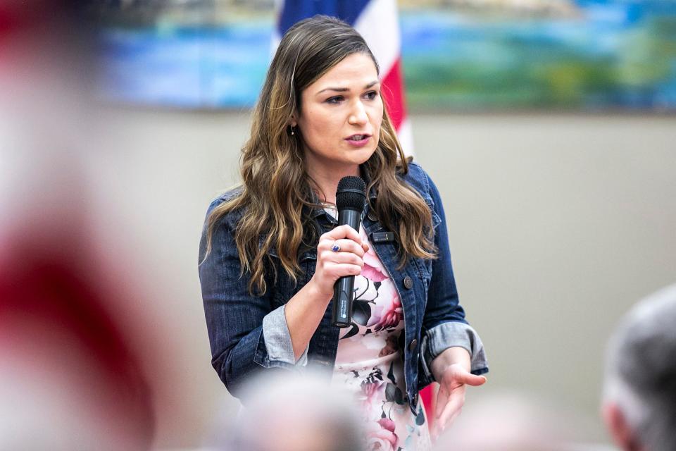 U.S. Senate candidate Democrat Abby Finkenauer speaks during the Spring Popcorn and Politics event hosted by the Bremer, Butler, Chickasaw and Floyd County Democrats, Sunday, April 24, 2022, at the Boyd Community Building in Shell Rock, Iowa.