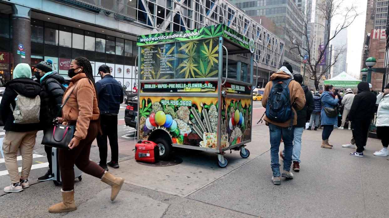 A marijuana-selling cart is seen at 42nd Street and Eight Avenue in Midtown Manhattan, New York.