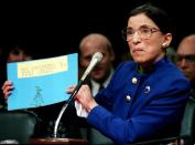 FILE PHOTO: US Supreme Court nominee Ruth Bader Ginsburgh holds up a drawing of herself with the words "My Grand..