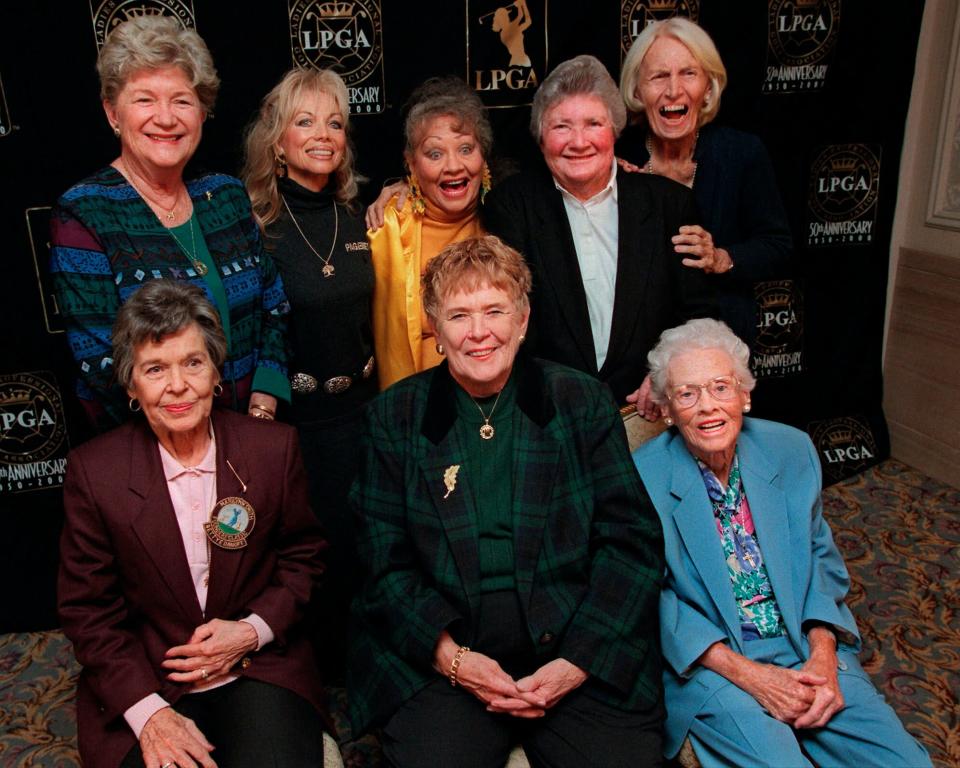 In this Oct. 19, 1999, Marlene Hagge-Vossler, second from the left in the back row, is shown with other members of the 13 LPGA founders from 1950. The picture was to celebrate the LPGA's 50th anniversay. Back row from left are Marilynn Smith, Hagge-Vossler, Alice Bauer, Louise Suggs and Betty Jameson. Front row from left are Bettye Danoff, Shirley Spork and Patty Berg. (AP Photo/Stuart Ramson, File)