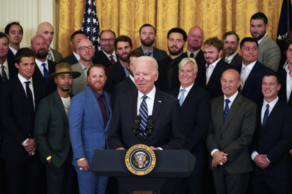 President Joe Biden speaks during an event to honor the 2020 World Series champion Los Angeles Dodgers baseball team at the White House, Friday, July 2, 2021, in Washington. (AP Photo/Julio Cortez)